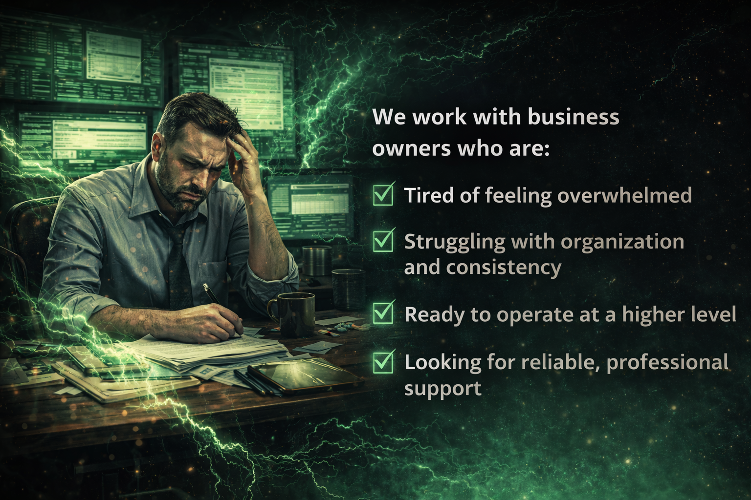 Man sitting at desk, looking stressed with computer screens and documents, next to a list of qualities for business owners, including being overwhelmed, struggling with organization, ready to operate at a higher level, and seeking professional support.