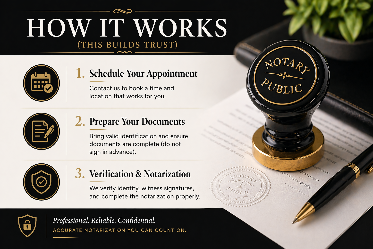Infographic explaining how notarization works with steps: 1. Schedule Your Appointment with icons for calendar; 2. Prepare Your Documents with icons for documents; 3. Verification & Notarization with a shield icon. Contains a notary stamp, documents, and a pen on a desk.