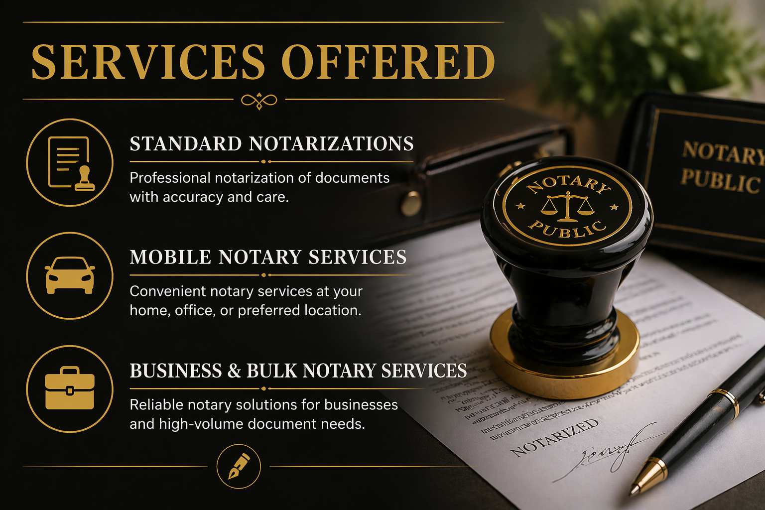 Notary services offered including standard notarizations, mobile notary services, and business and bulk notary services, displayed on a black background with gold icons and text.