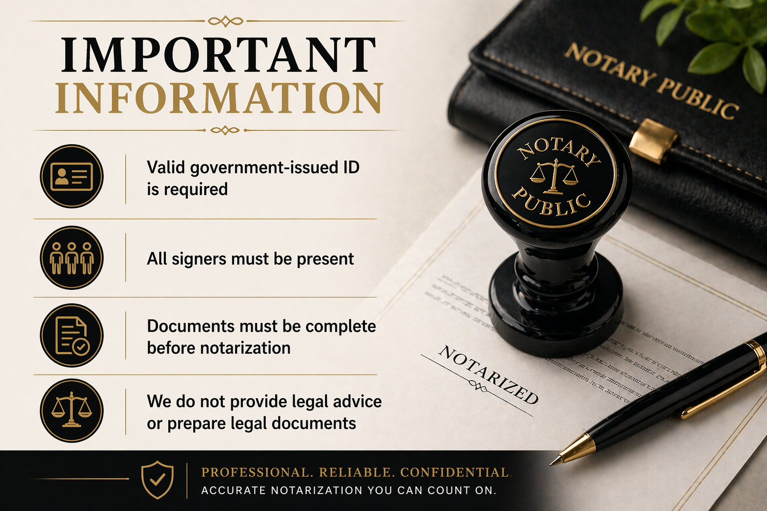 An infographic titled 'Important Information' with guidelines for notarization, including requirements for government-issued ID, signers, documents, and legal advice, alongside a notary stamp, a notary public book, a pen, and a notarized document.