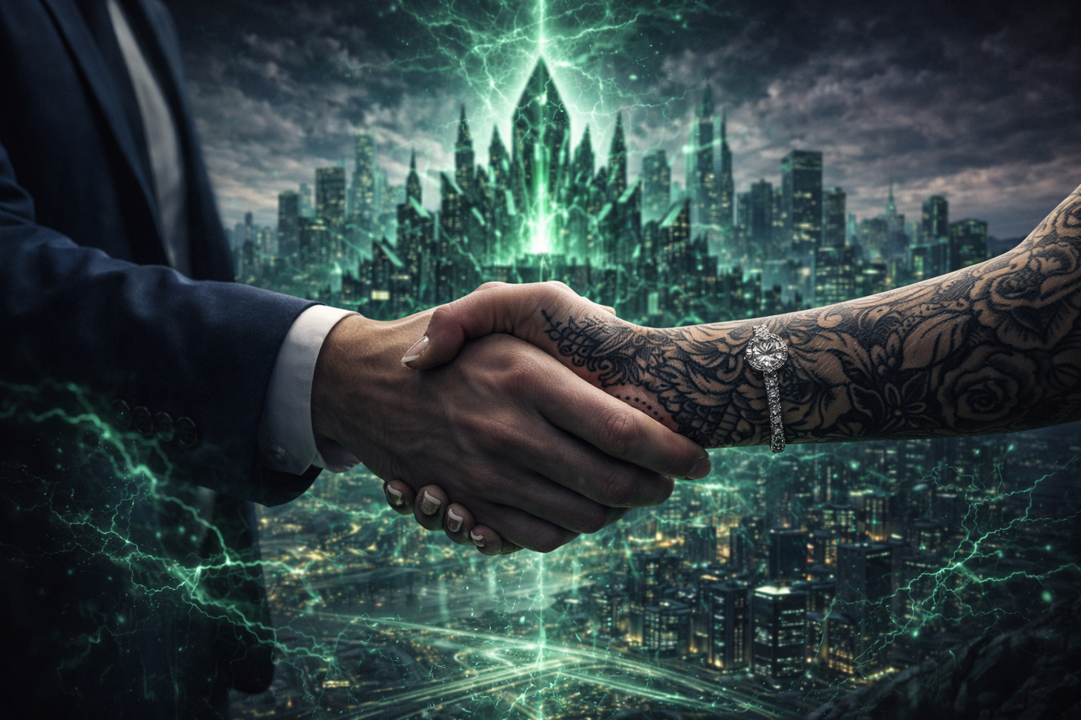 Close-up of a handshake between a man in a suit and a woman with tattoos and a diamond bracelet, with a futuristic city and glowing green crystals in the background.