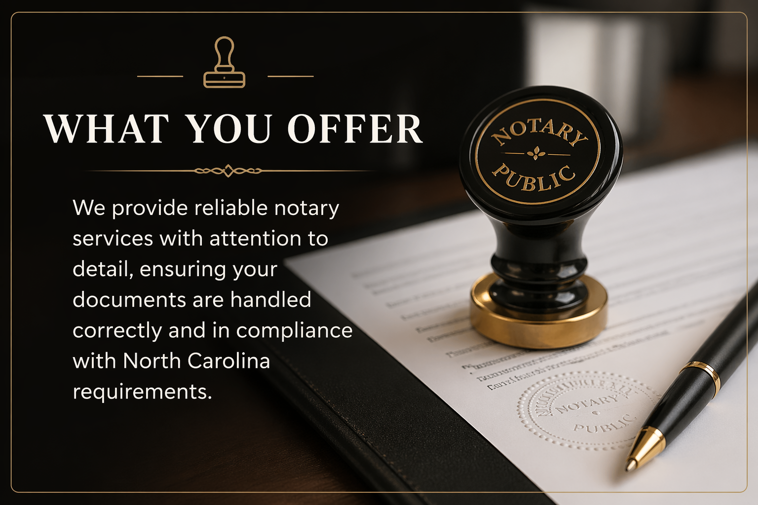 A notary stamp with the words 'Notary Public' on top of a document, accompanied by a black and gold pen and a black folder.
