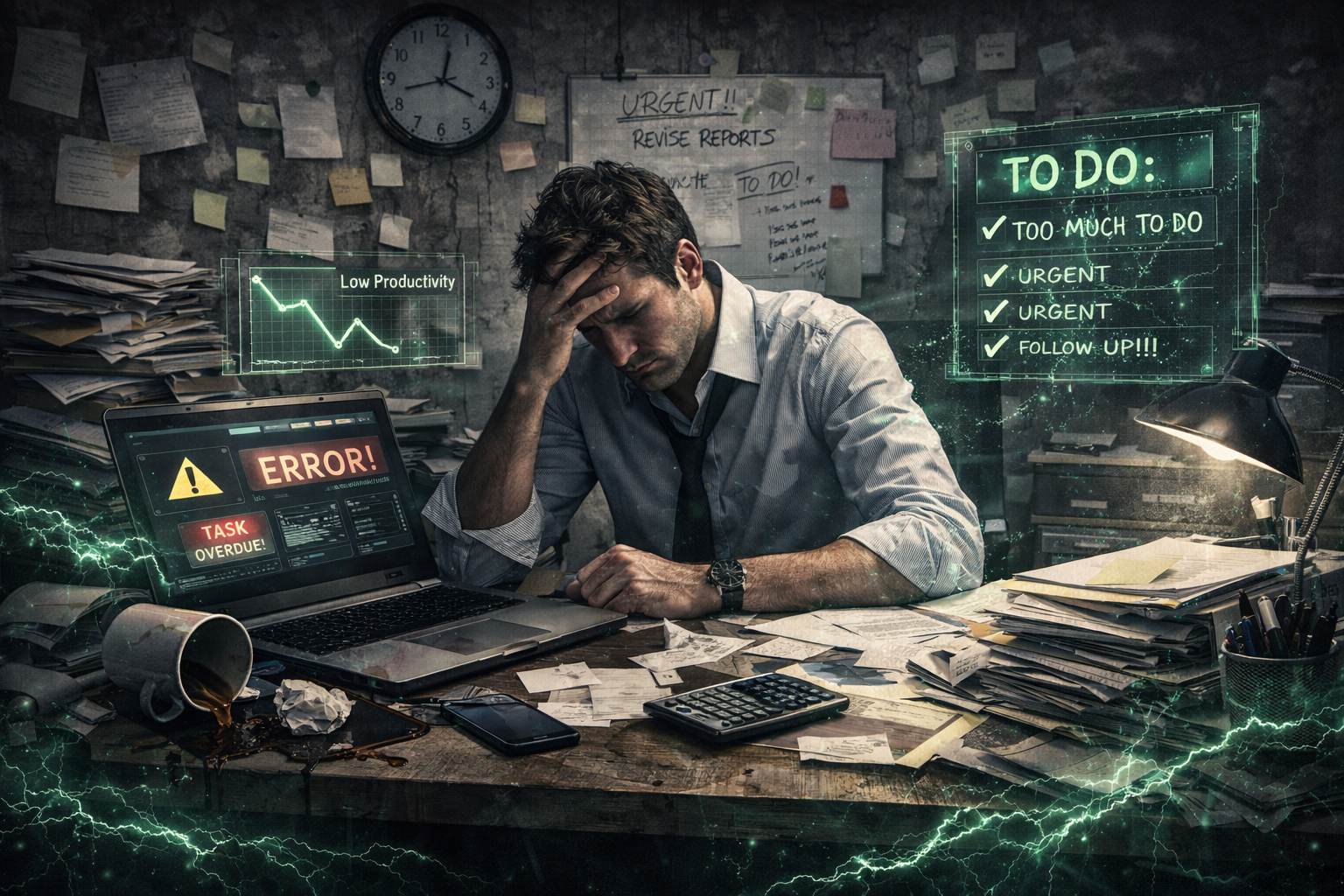 Stressed man at cluttered desk with error message on laptop, surrounded by scattered papers and digital to-do lists displaying urgent and overwhelming tasks.