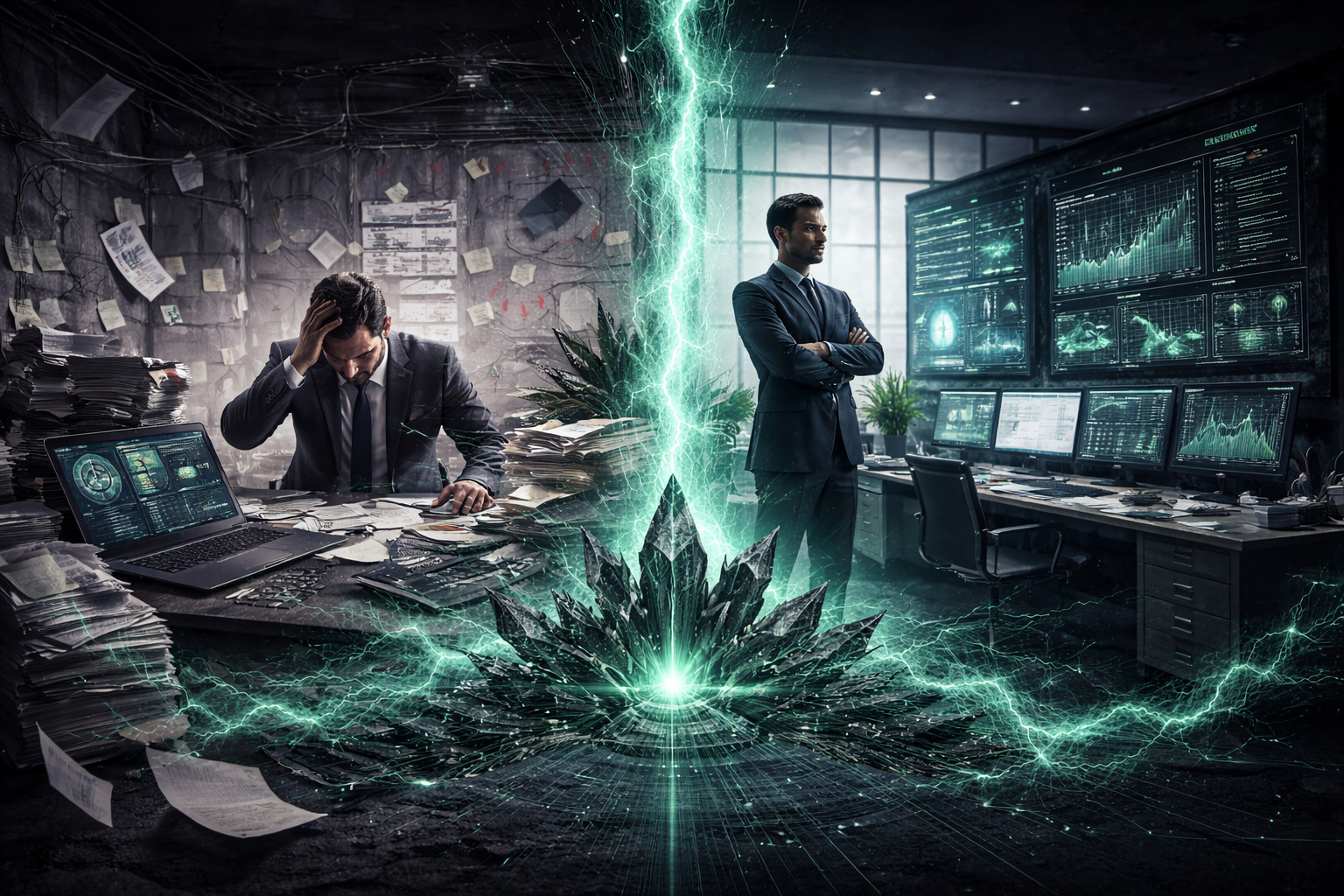 A chaotic office with a man stressed at a cluttered desk on the left and a confident man in a suit standing with arms crossed in front of multiple monitor screens on the right. A bright lightning bolt separates the two, with digital effects and a shattered crystal effects overlaid.