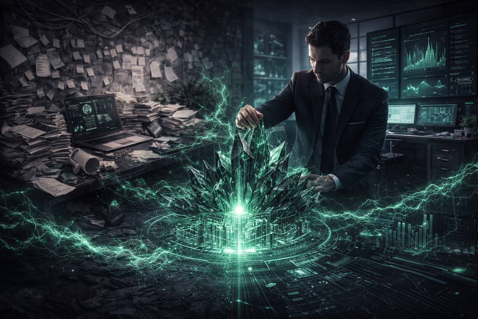 A man in a business suit working at a cluttered desk in a high-tech office with multiple monitors displaying data and graphs, while digital green lightning and holographic graphics emerge from an open folder.