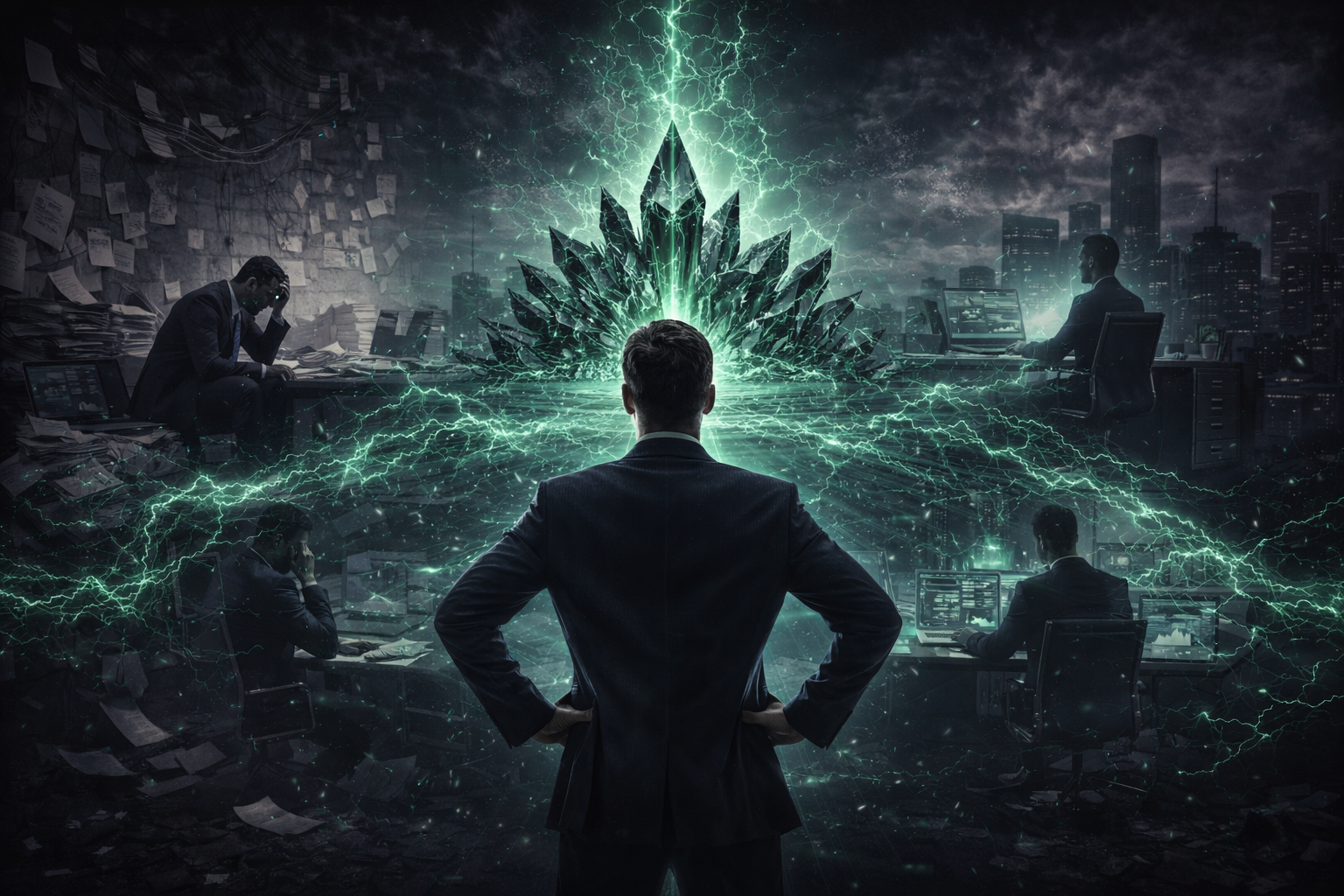 A businessman stands with his hands on his hips in a dark office, looking at a giant, glowing crystal with green lightning emitting from it, symbolizing power and control, with other office workers at computers and a city skyline in the background.