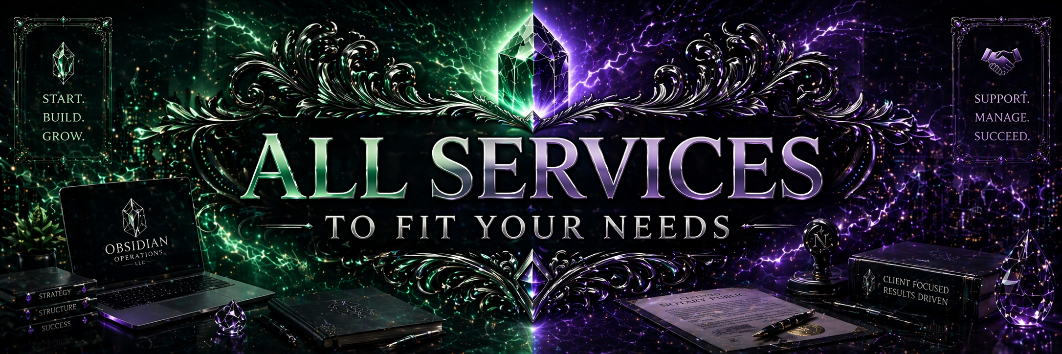 A vibrant, fantasy-style workspace with glowing green and purple accents, featuring a central crystal, a laptop, a notepad, and office supplies, with text promoting business services.