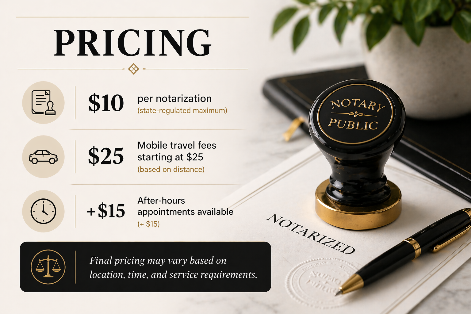 Pricing details for notary services. Notarization costs $10, mobile travel fees start at $25, and after-hours appointments are an additional $15. A notary stamp and pen are on a desk next to a notarized document.