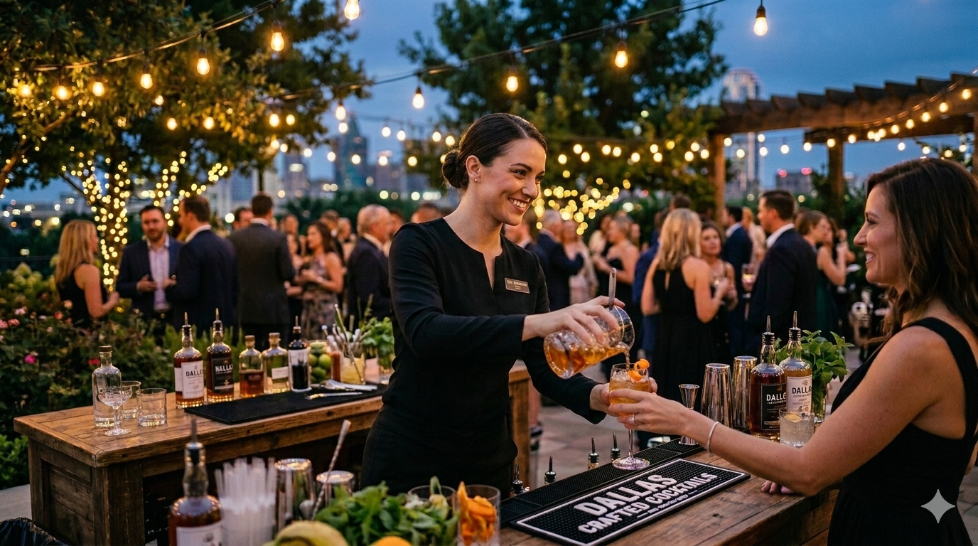 A bartending at an outdoor social event, pouring a drink into a glass, with string lights and people socializing in the background.