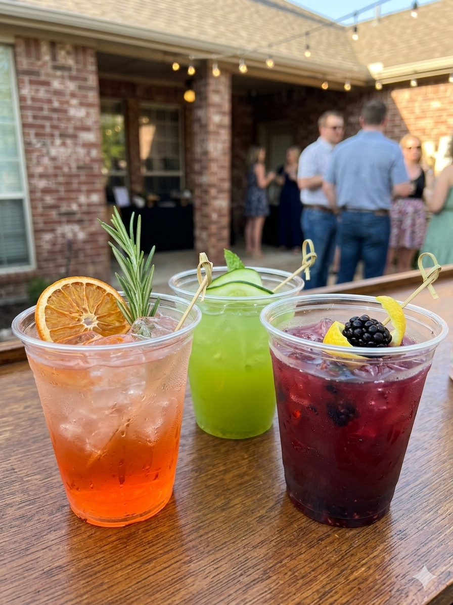 Three colorful cocktails with garnishes on a wooden table at an outdoor gathering, with people socializing in the background under string lights.