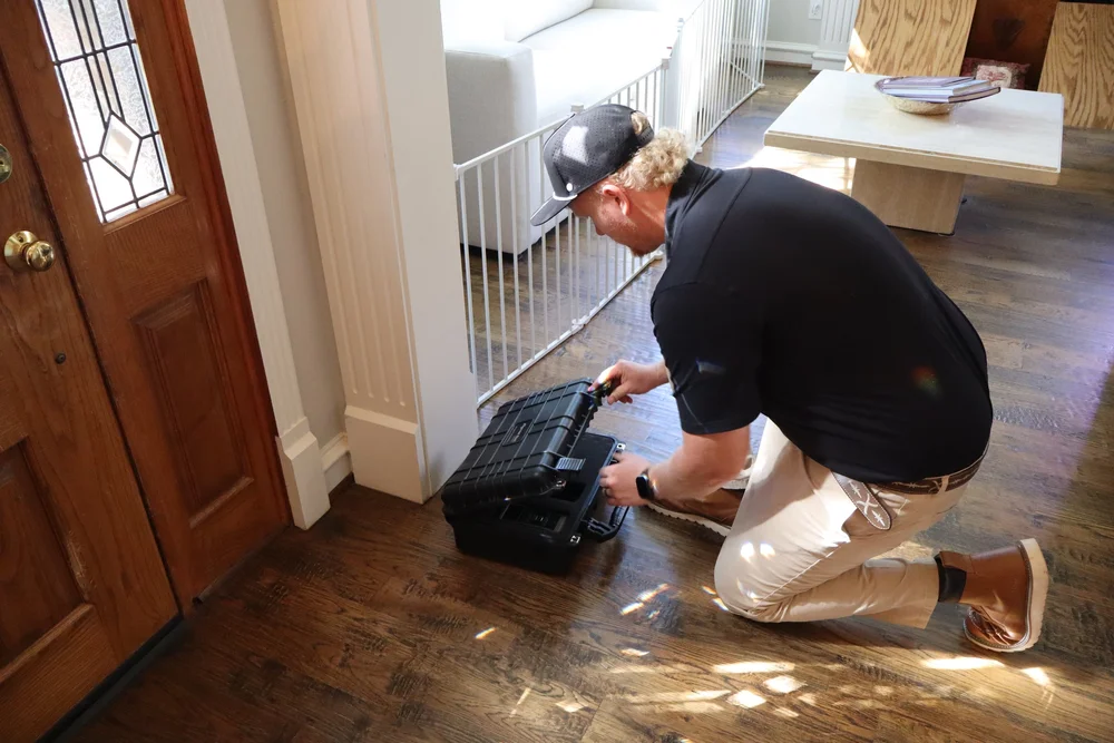 Ridgewell Restoration technician opening an equipment case inside a home
