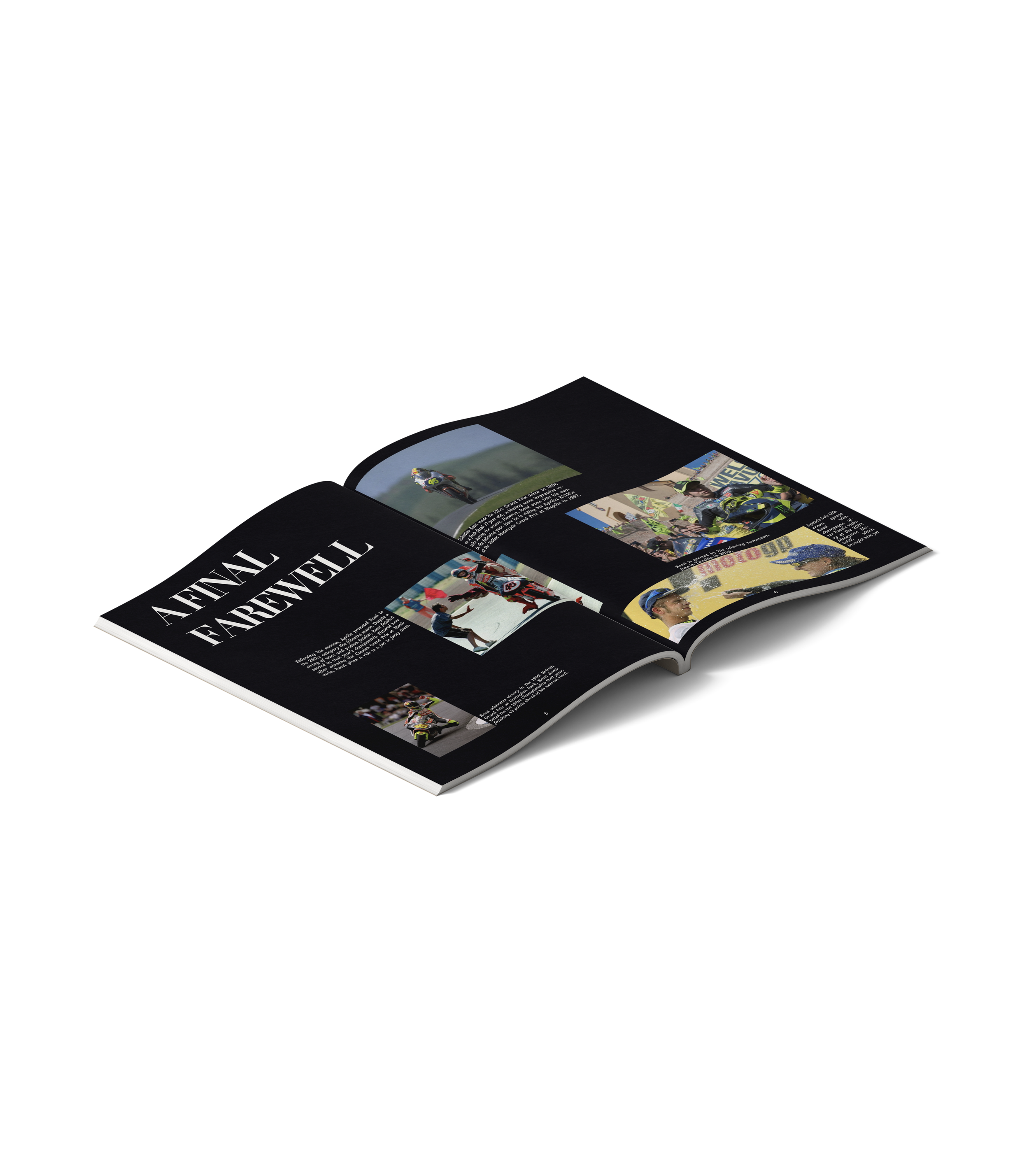 An open magazine with a black background and images of motorcyclists racing and people at a racing event.