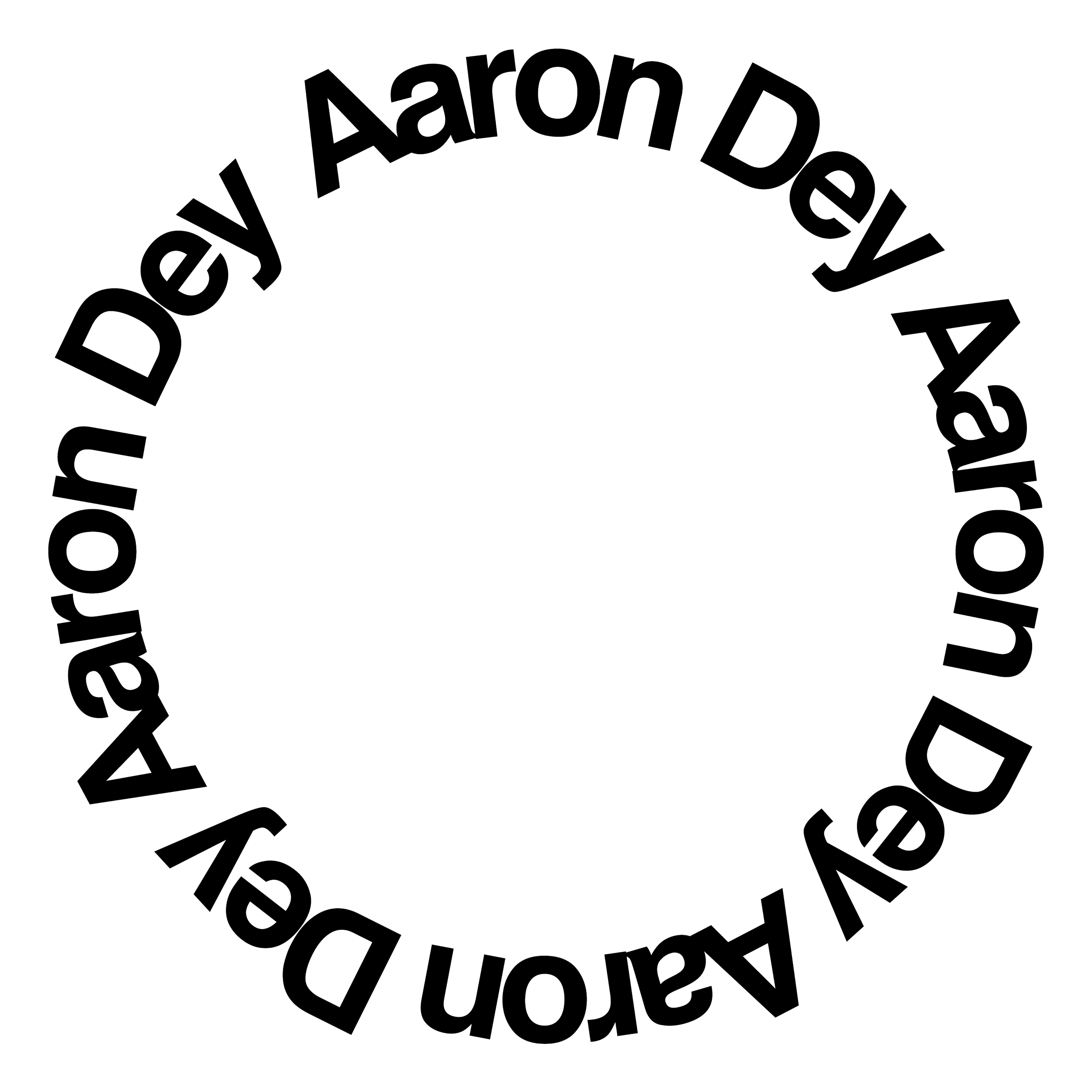 Text graphic with the words 'Aaron Dey' written repeatedly in a circular pattern.