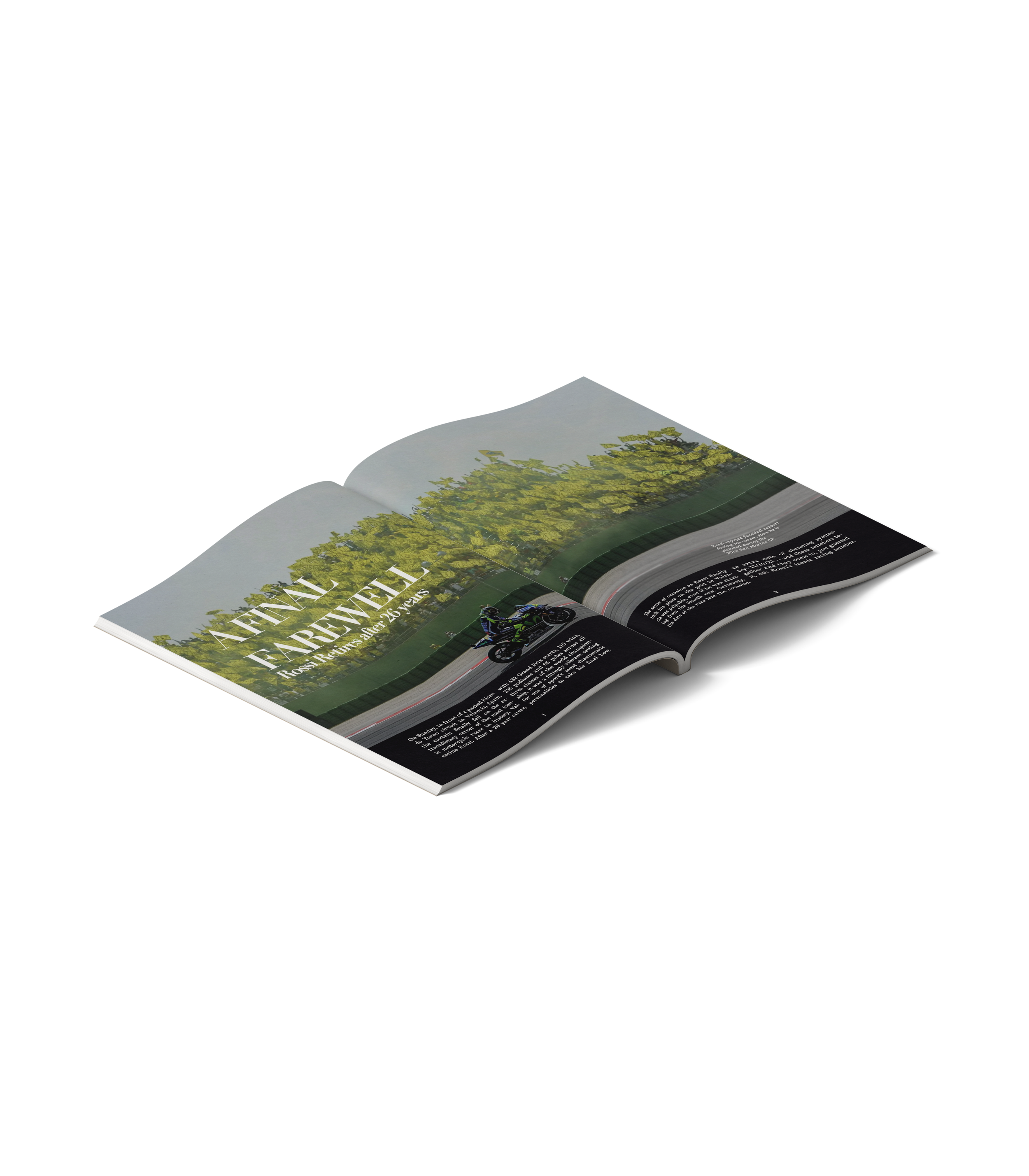 Open magazine showing a rural scene with trees and some text.