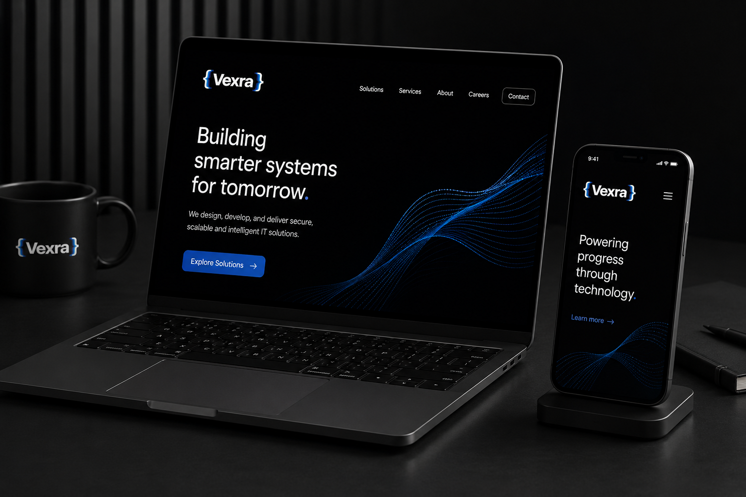 Laptop and smartphone displaying Vexra's website with a dark background, blue wave design, and navigation menu.