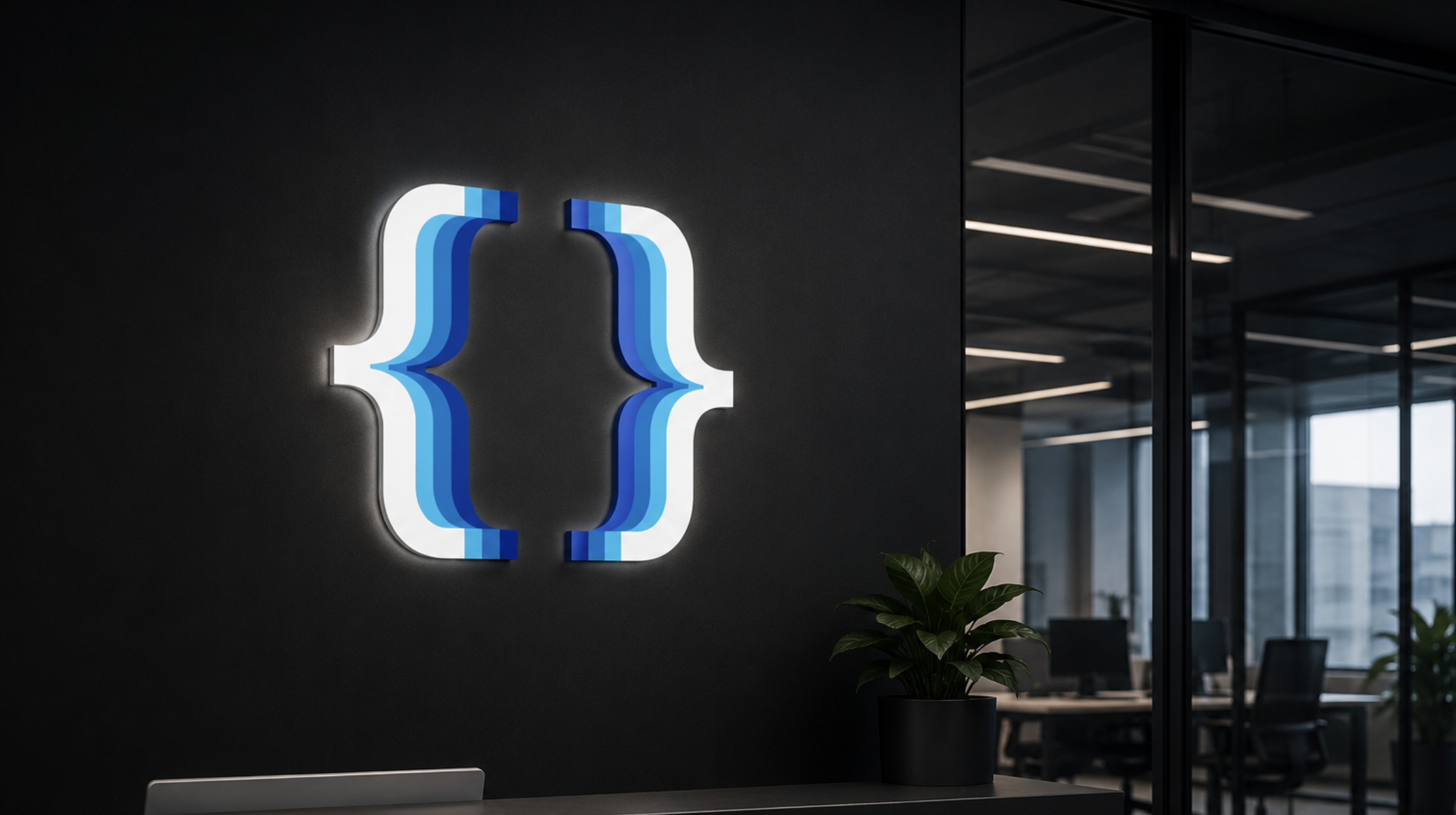 Neon Facebook logo on a black wall in a modern office.
