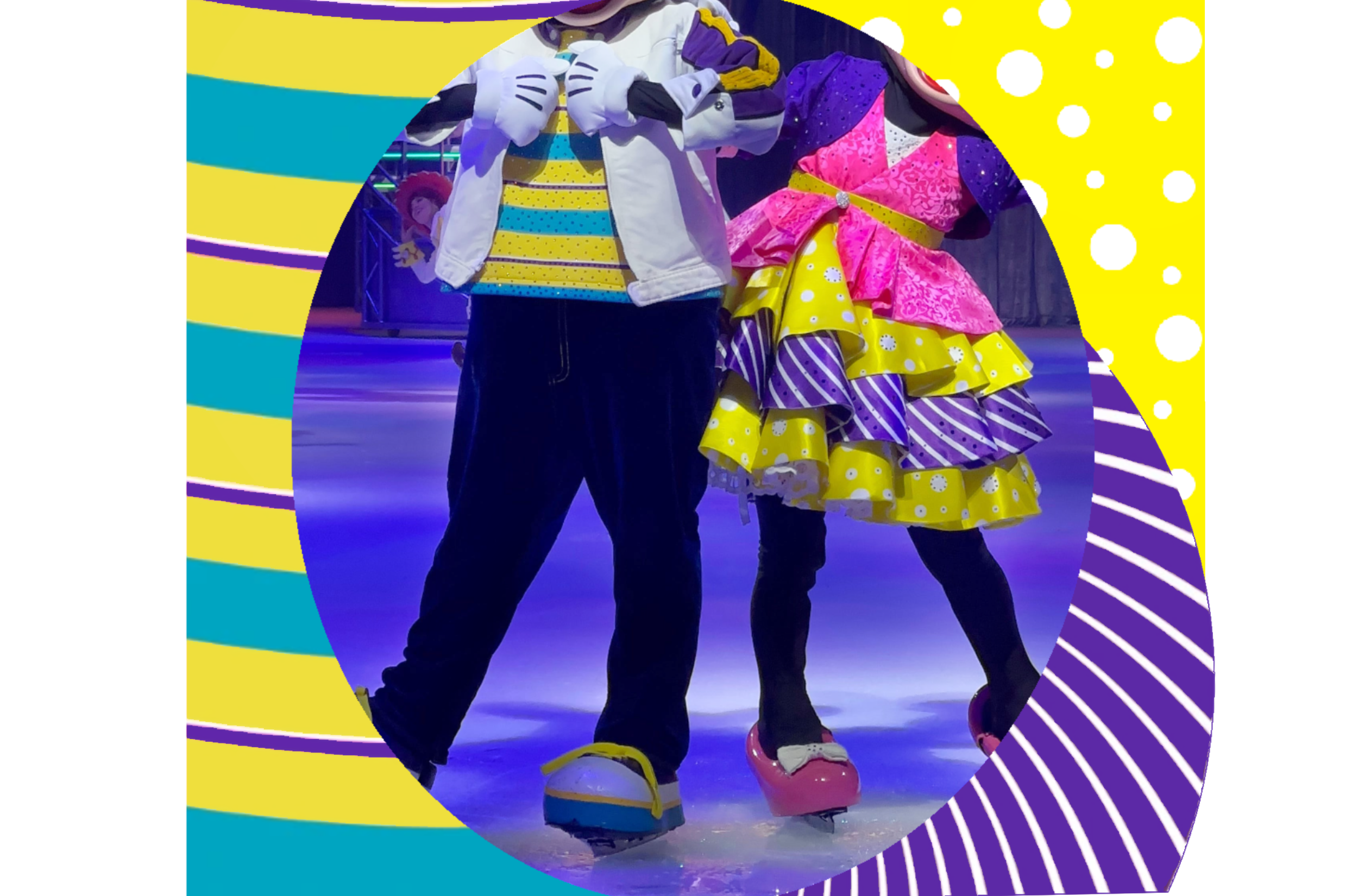 The Leading Man and Leading Lady from Disney On Ice: Jump In! Sublimated on a waffle textured polyester, a four colored shirt custom designed and printed for the big man himself, while sublimated on Satin, our lady has a three teared skirt with a sca