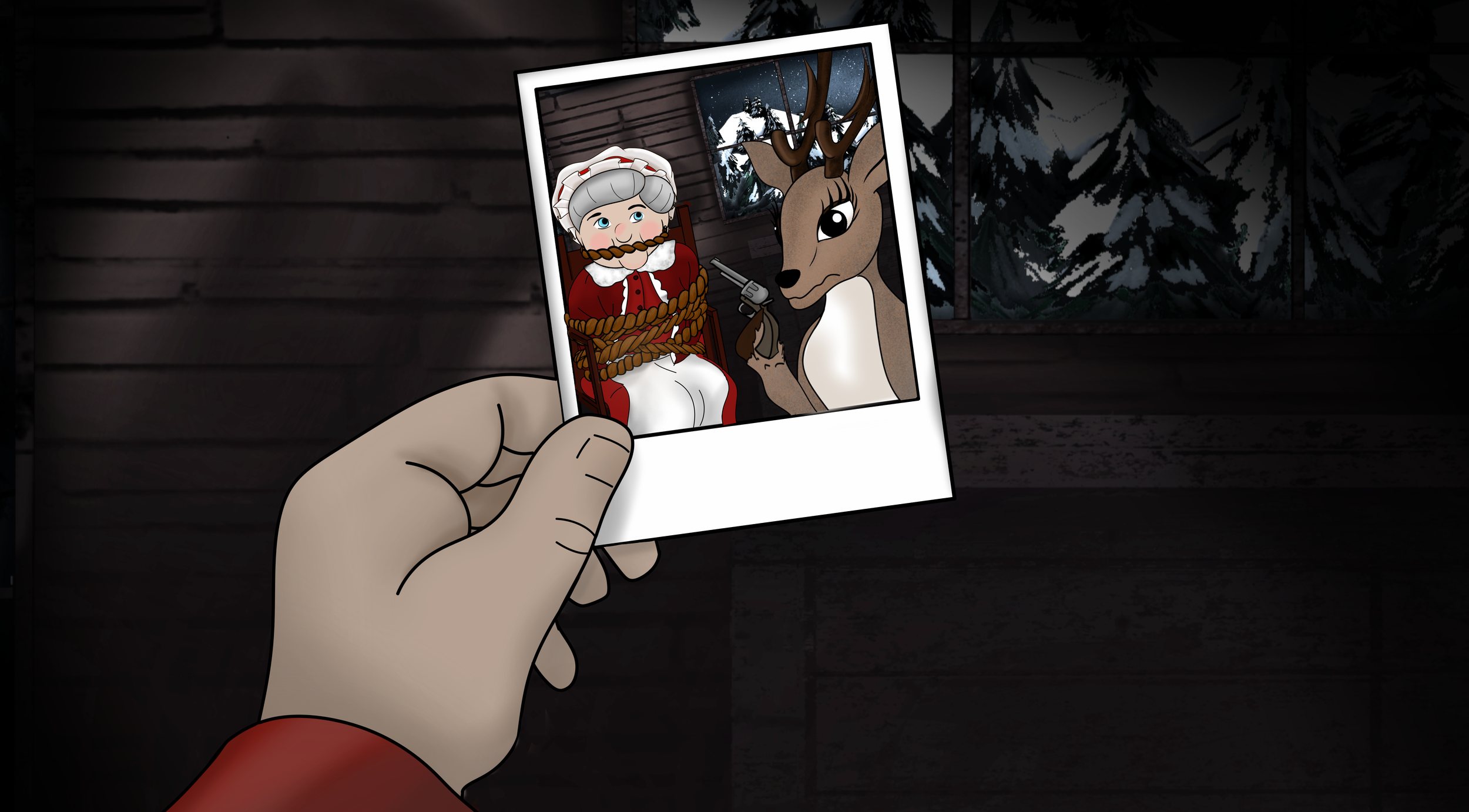 The final climactic moment in the comedic holiday show Elf Crimes (2025) as shown through the polaroid photo take by a detective in the north pole.