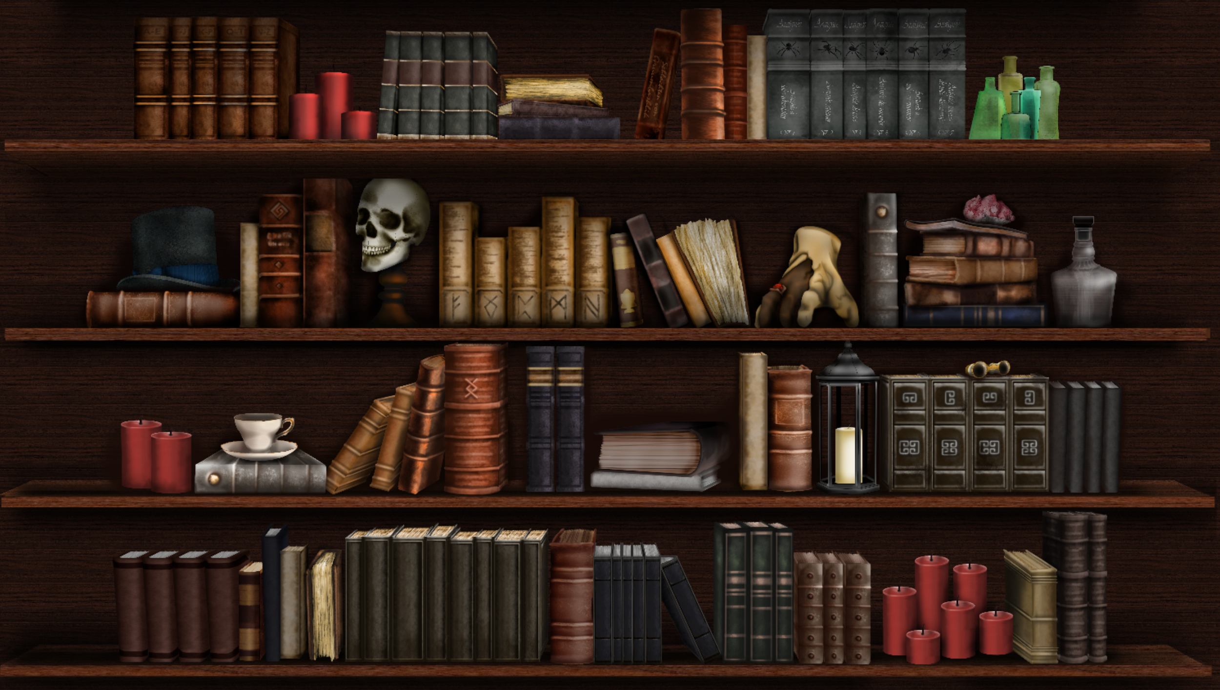 A Criptic Bookshelf Backdrop- a seemingly innocuous bookshelf has many hidden nods to characters and events in the story of The Worst of Times