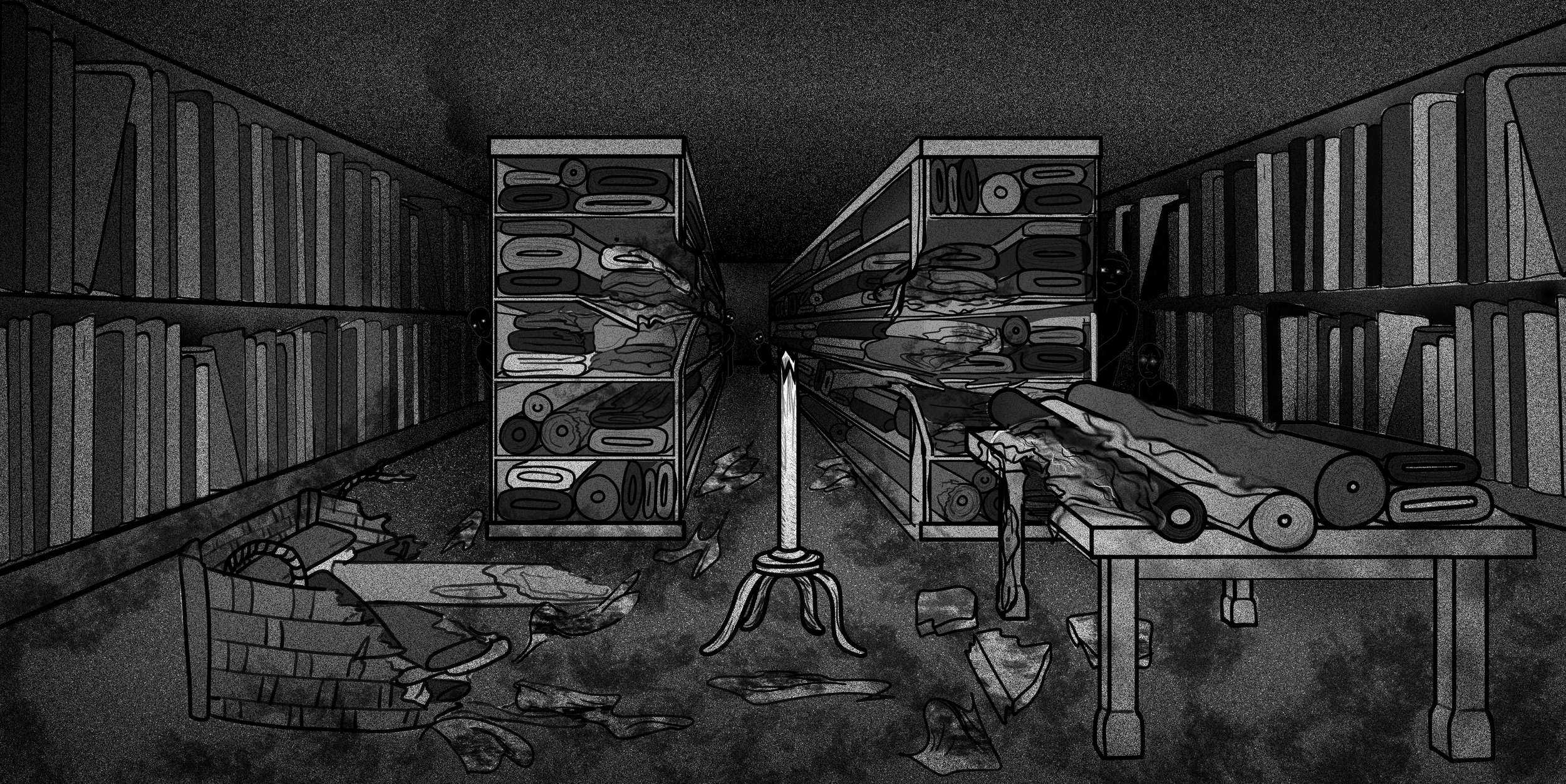 The aftermath of a dress form explosion- testing out new weapons can be a dangerous task, but an exciting moment in the story.