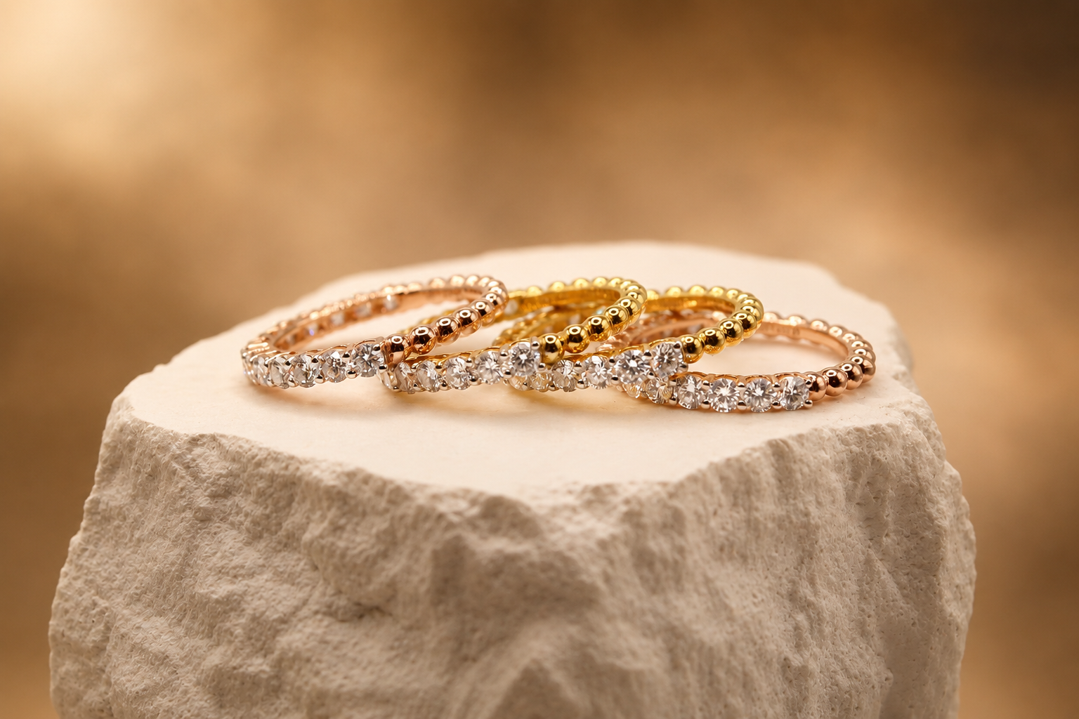 Tri-Color Stackable Diamond Ring Set