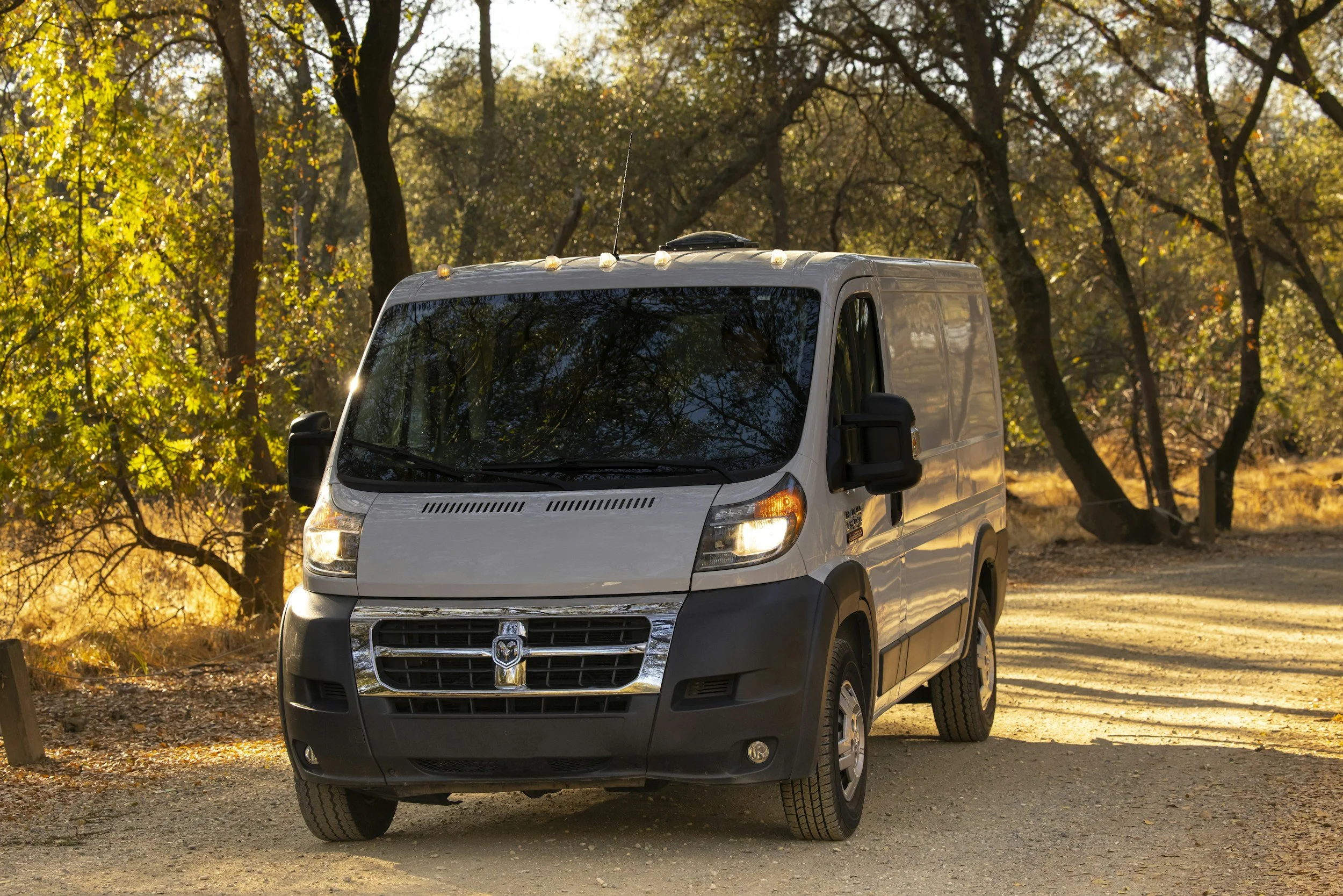 A white delivery van parked on a dirt path surrounded by trees with autumn leaves.