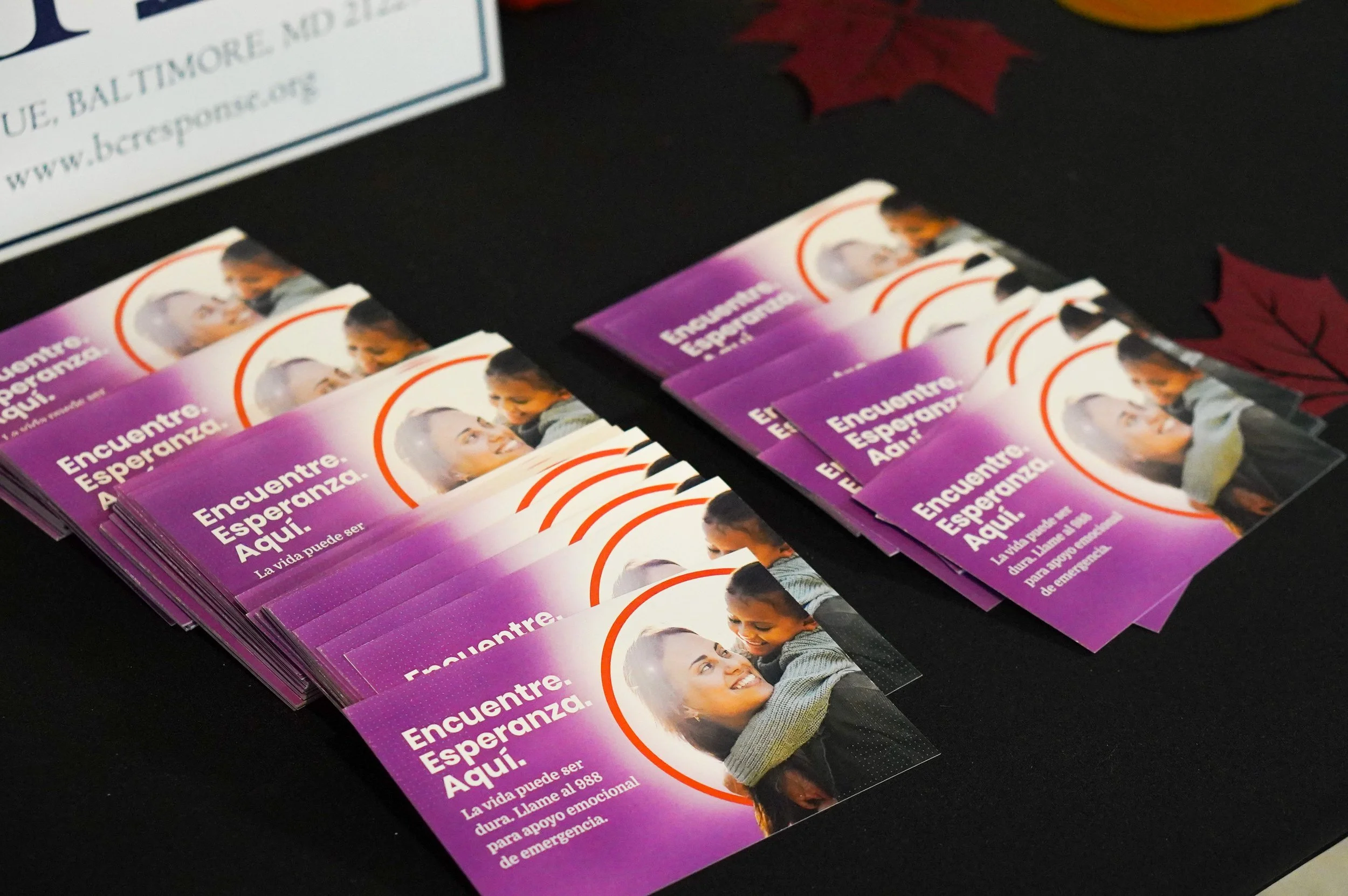 Flyers with purple background featuring a smiling woman and child, with text in Spanish that reads 'Encuentra Esperanza Aquí'.