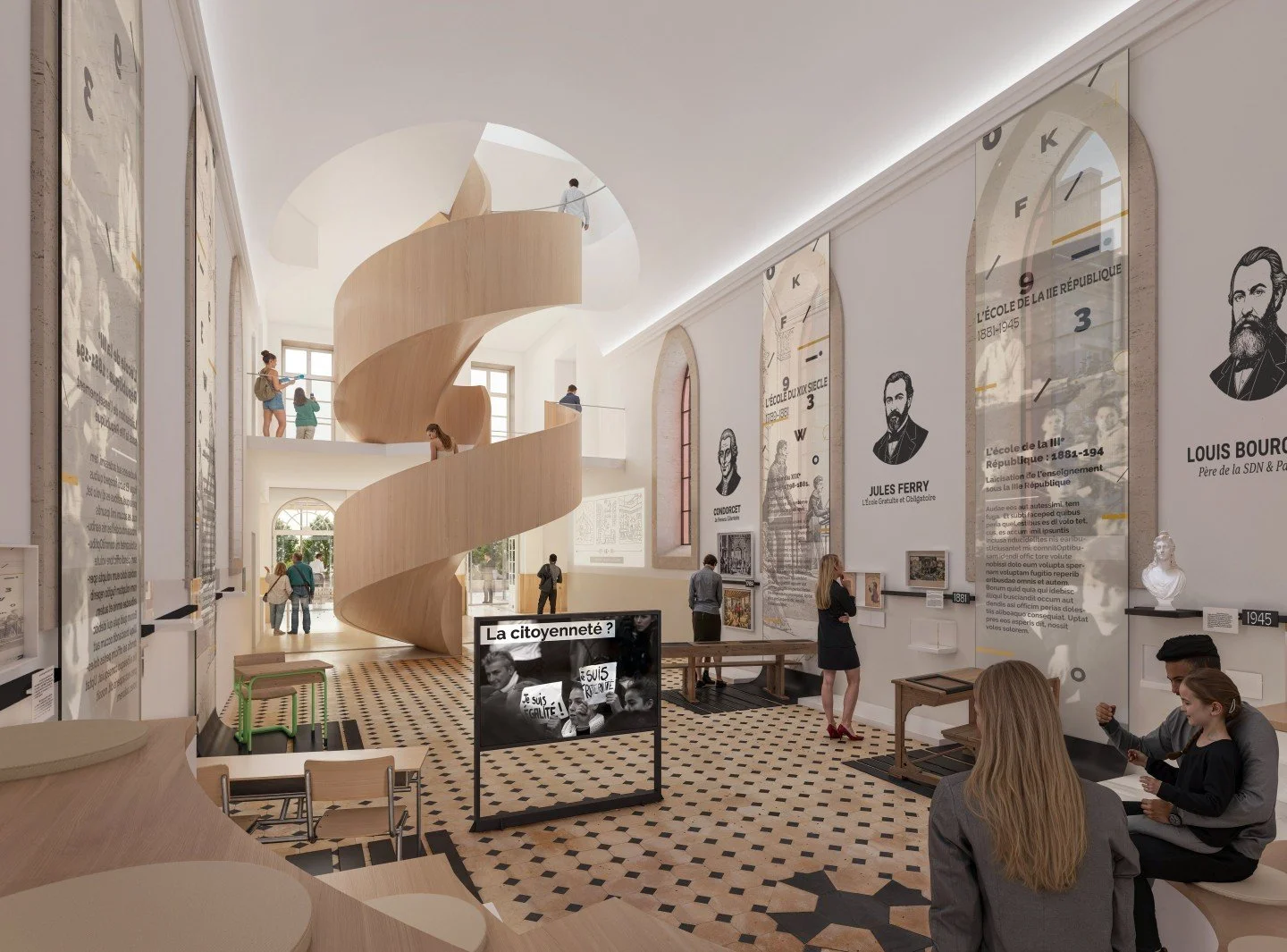 Une salle d'exposition dans un musée avec un escalier en spirale en bois, des affiches historiques au mur, des visiteurs regardant des expositions et discutant, un sol en carreaux noirs et blancs, et une ambiance lumineuse.