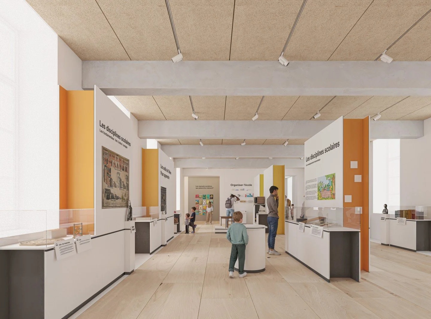 Une salle d'exposition sur les disciplines scolaires, avec des panneaux d'information, des personnes, et des enfants explorant.
