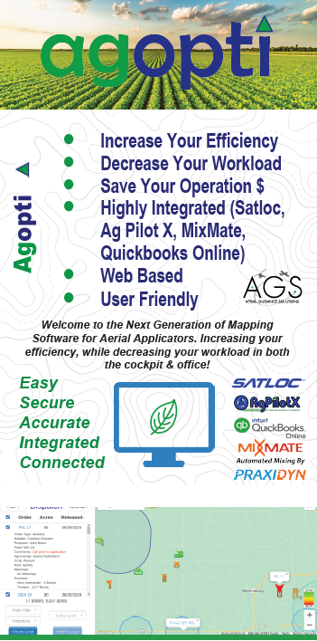 An advertisement for Agpti, a mapping software for aerial applicators, featuring benefits like increased efficiency, reduced workload, and web-based, user-friendly interface; displays logos of Satloc, Ag Pilot X, MixMate, Quickbooks Online, and Praxis Dyn, with a background image of a farm field and a small map of a field with spray icons.