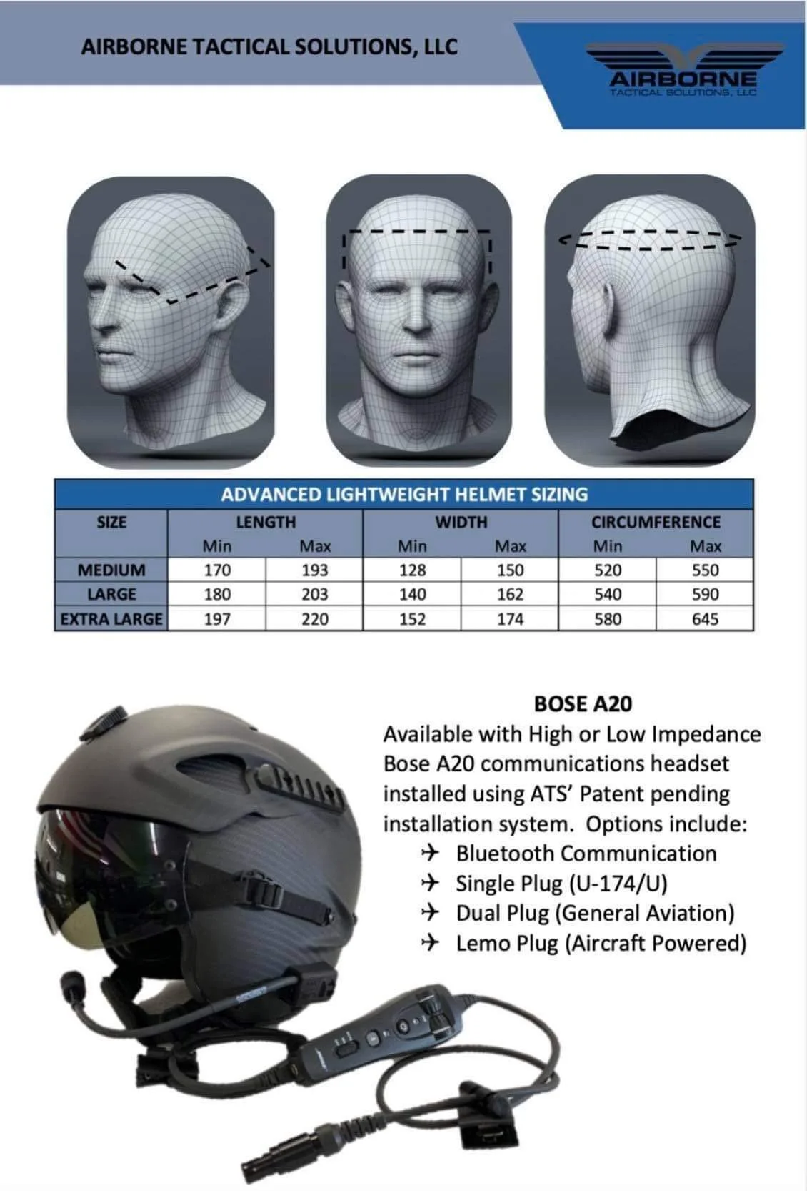 Diagram of helmet sizing options and specifications, including sizes medium, large, and extra large, with measurements for length, width, and circumference. A photo of a tactical helmet with communication system options is also shown.