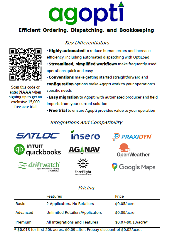 Flyer for agopti, a service for efficient ordering, dispatching, and bookkeeping. Highlights automation, streamlined workflows, configuration options, easy migration, and free trial. Logos of integrations: SATLOC, Insero, PRAXIDYN, INTUIT quickbooks, AG NAV, OpenWeather, driftwatch, ForeFlight, Google Maps. Pricing details for basic, advanced, and premium plans.
