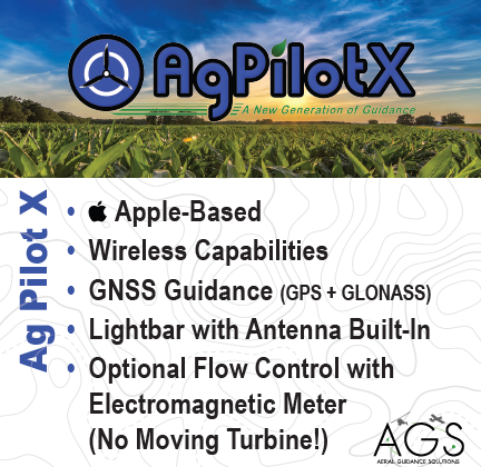 Infographic with AgPilotX logo, features list including Apple-based, wireless capabilities, GNSS guidance, lightbar with antenna, optional flow control with electromagnetic meter, and no moving turbine.