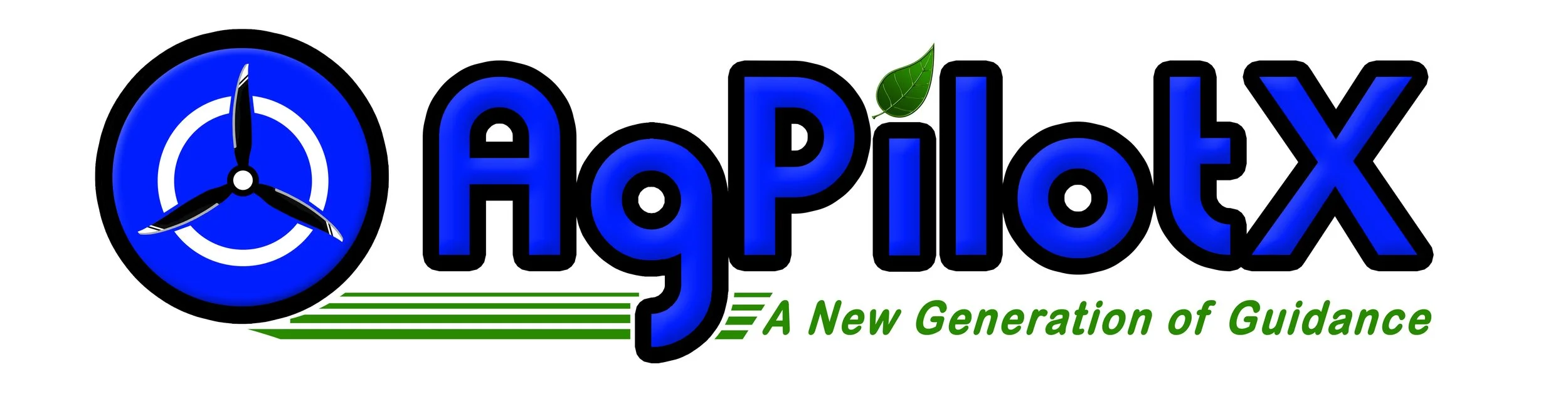 The image contains a logo with the text 'AgriPixX' in blue bold font, a green leaf above the 'i' in the text, and a blue circular clock with black outlines and three triangular segments inside. Below, there are green lines and the phrase 'A New Generation of Guidance' in green italics.