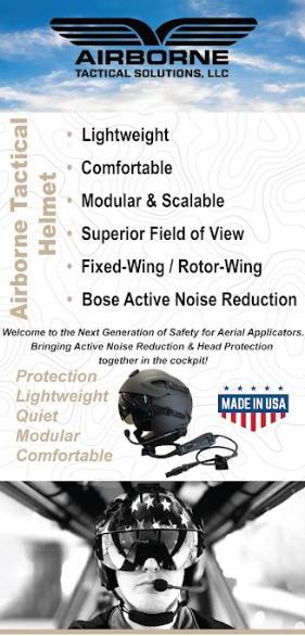 Advertisement for Airborne Tactical Solutions LLC showcasing a lightweight, modular, and scalable tactical helmet with superior field of view, fixed or rotor wing options, and active noise reduction. Features a helmet image and an American-made badge.