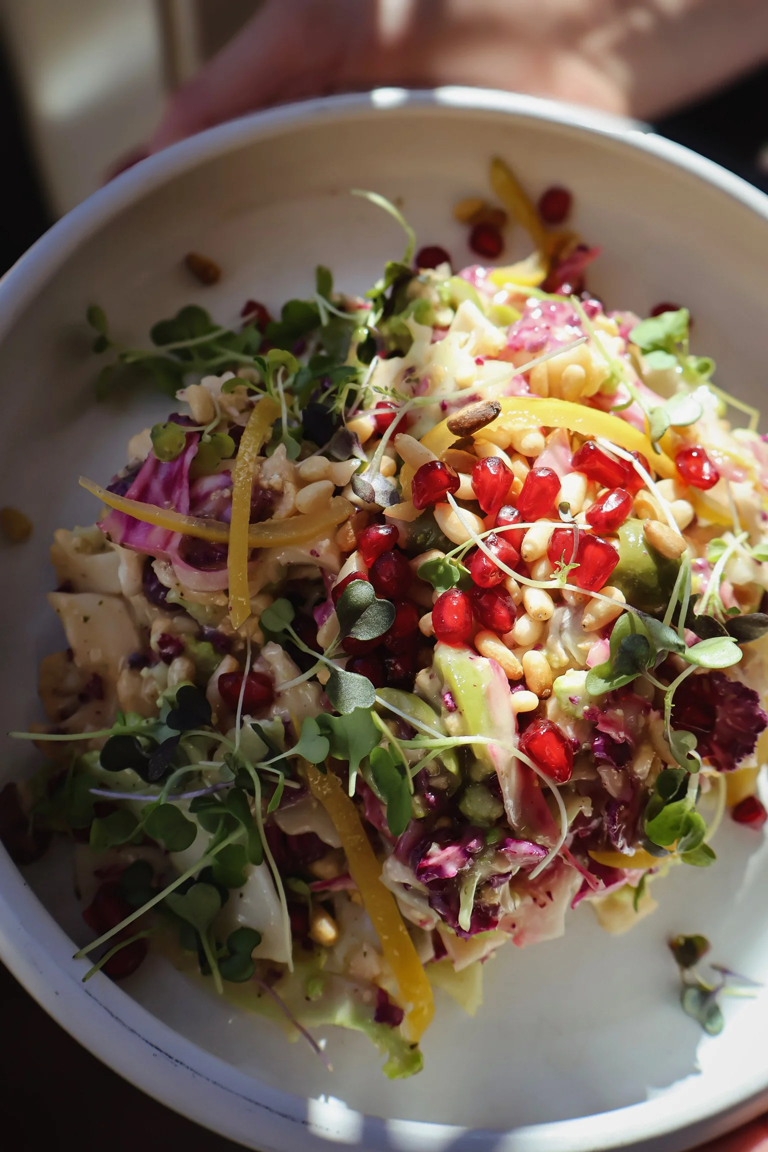Colorful salad with microgreens, pomegranate seeds, shredded cheese, and various vegetables in a white bowl.