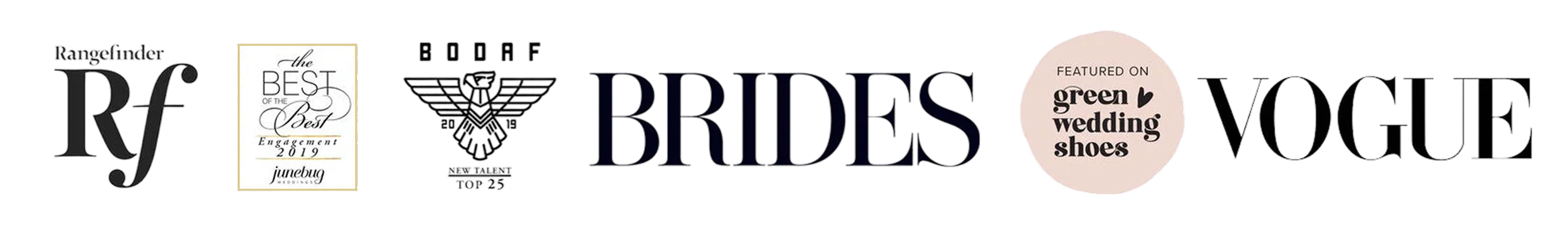 A collage-style graphic featuring magazine logos and advertisements, including 'Rangeminden RF', 'The Best of the Best Engagement 2019', 'Brides', and a circular badge that reads 'Featured on green wedding shoes'.