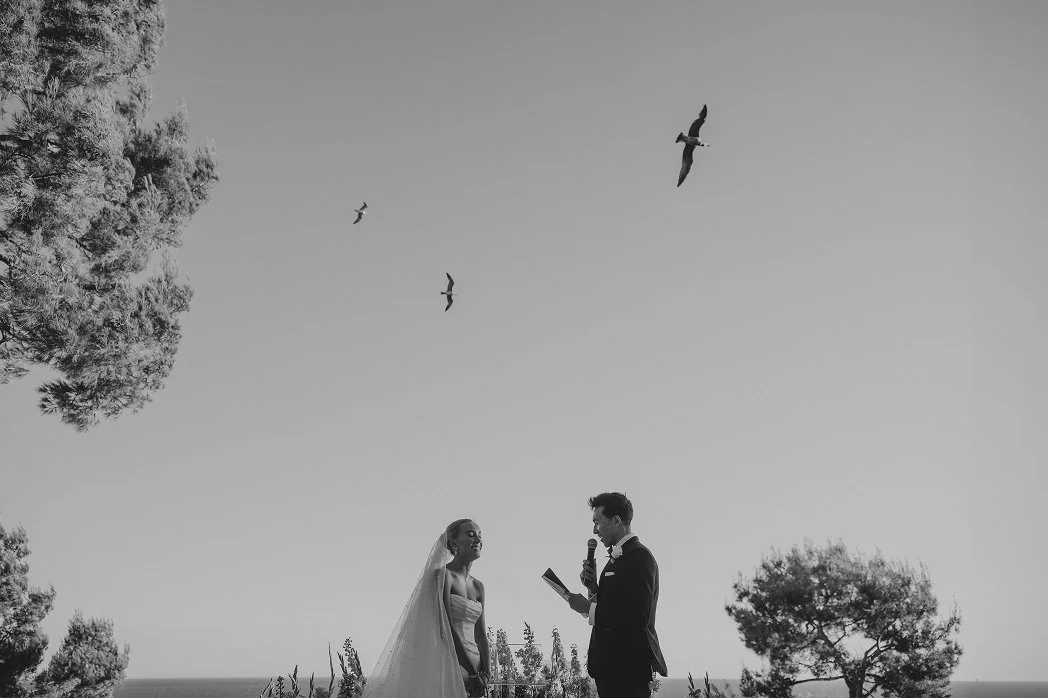 A black and white outdoor wedding scene with a bride and groom standing in front of a tree, with two birds flying overhead in a clear sky.