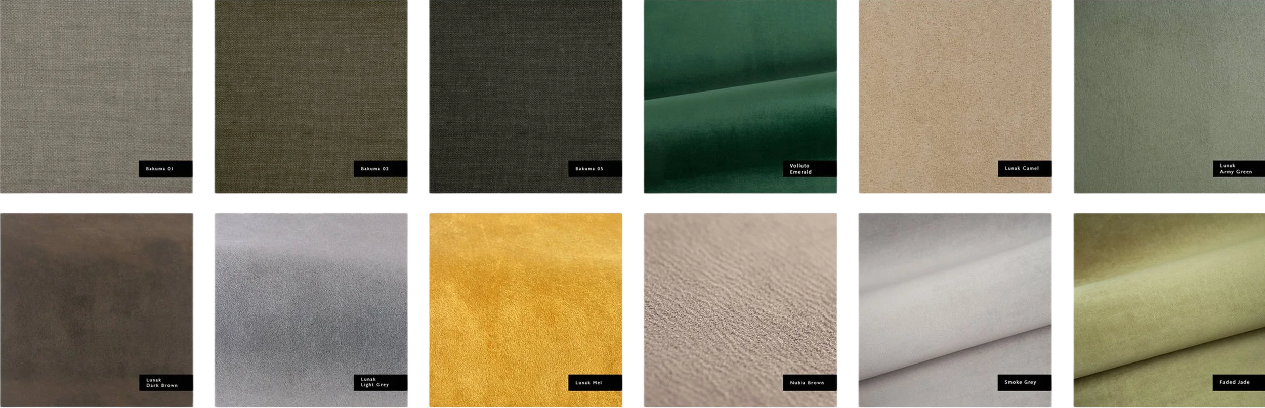 A selection of fabric or material samples arranged in two rows with various colors and textures, including shades of green, brown, grey, yellow, white, and beige, each labeled with their respective names.