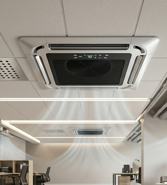 Climatiseur encastré au plafond de bureau, montrant la température de 78°F.