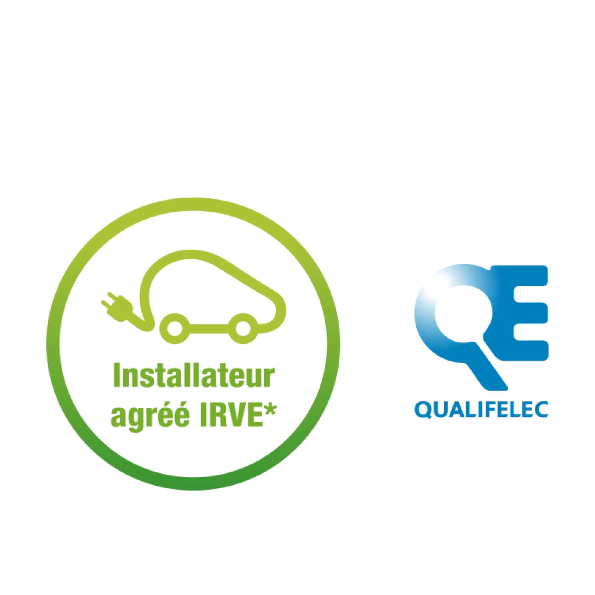 Logo avec une voiture électrique verte entourée d'un cercle vert, indiquant un installateur agréé IRVE, et à côté un symbole de prise électrique avec un éclair, et le texte 'QUALIFELEC' en bleu.