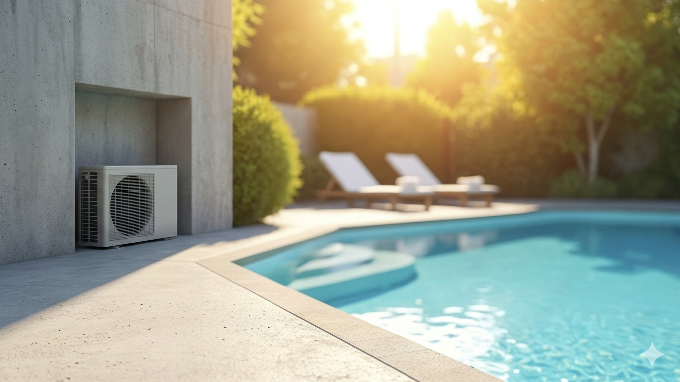 Photo d'une piscine extérieure avec deux transats, des serviettes, des arbres et la lumière du soleil