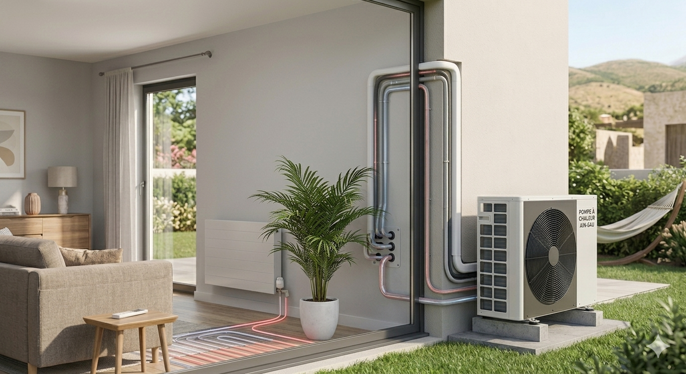 Véranda avec intérieur moderne, meuble en bois, plante verte, vue extérieure avec jardin, unité de climatisation et conduits de chauffage apparents, hamac dans le jardin.