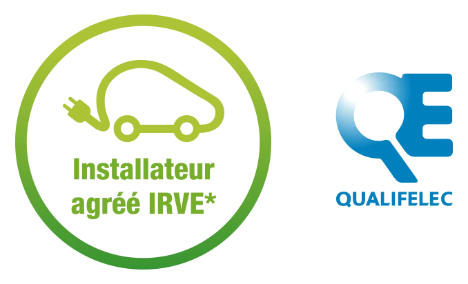 Logo Qualif'elec multi-color avec des formes géométriques, comprenant du vert, violet, bleu et blanc, sur fond transparent.