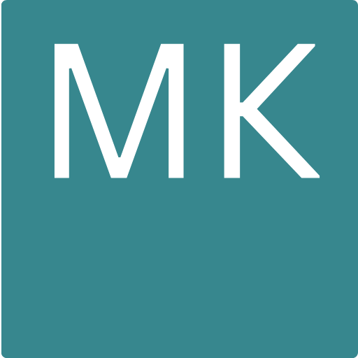 A teal square with large white uppercase letters 'MK' centered.