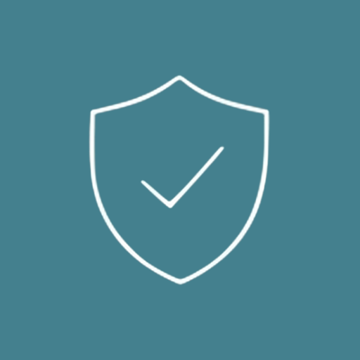 Outline of a shield with a checkmark inside on a teal background.