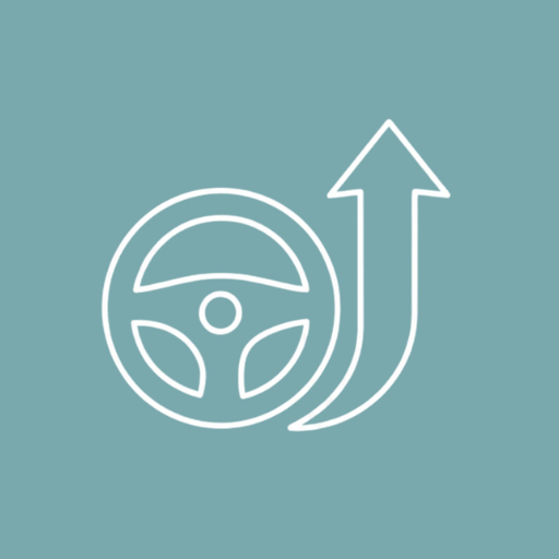 Icon of a steering wheel and a curved arrow pointing upward.