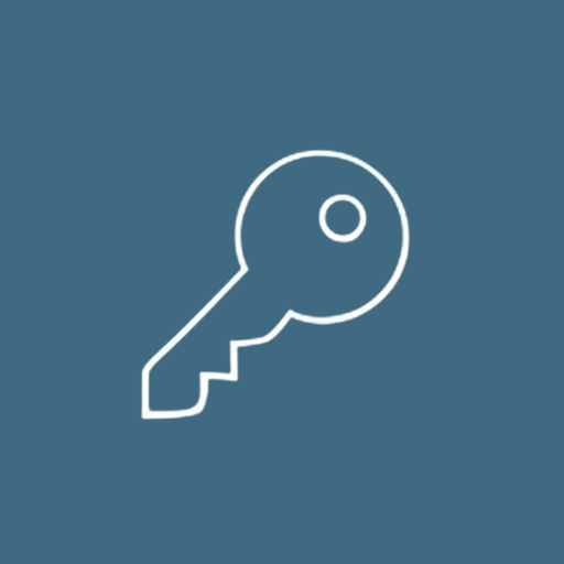 Outline drawing of a key on a blue background.