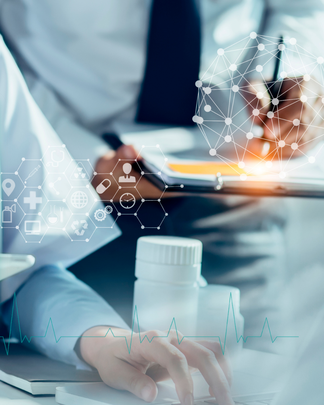 Doctor in a lab coat working with medical digital icons and data visualization overlays, including a heartbeat graph, on a bright background.