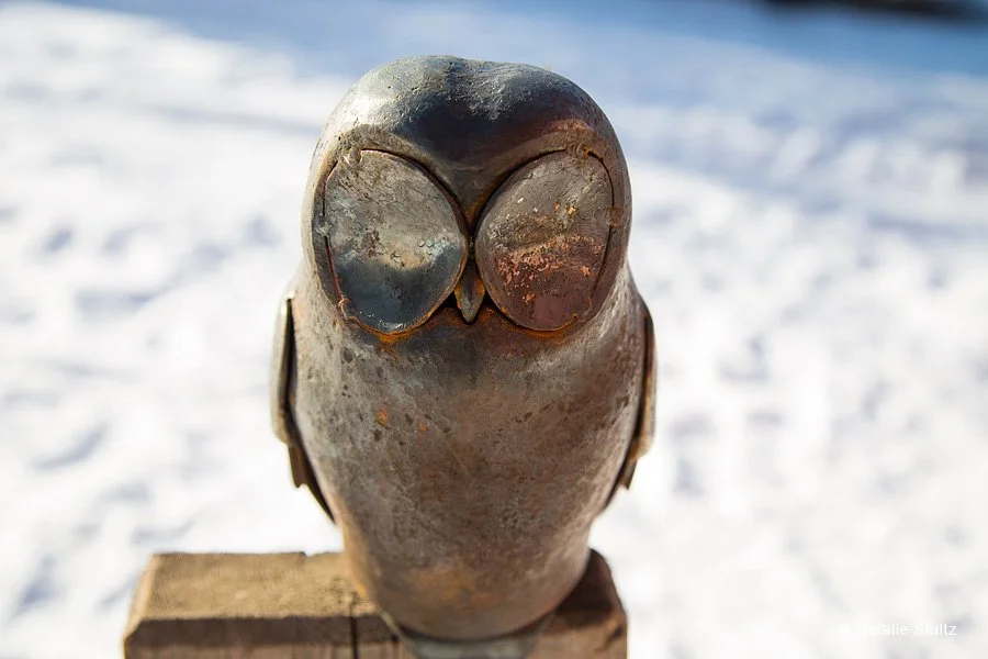 A metal owl sculpture with golden-tinted eyes on a wooden post against a snowy background.